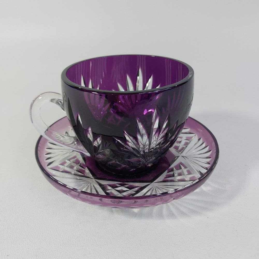 Ajka Fifth Avenue Ltd Crystal Punch Cup Mug and Tray Plate Intricate‎ Cut Purple